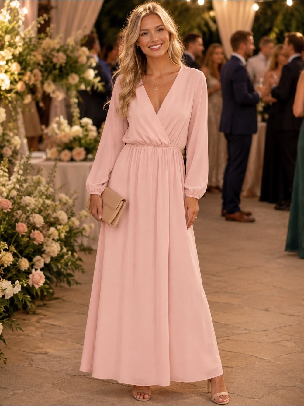 NWT Lulus Water Lilies Blush Pink Chiffon Long Sleeve High Slit Maxi Dress XS
